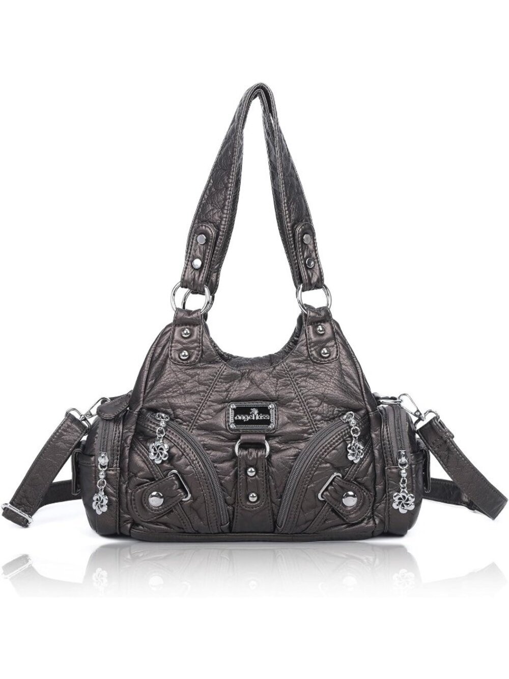 Women's Pewter PU leather Zipper Multi-Pocket Small Hobo Shoulder Bag